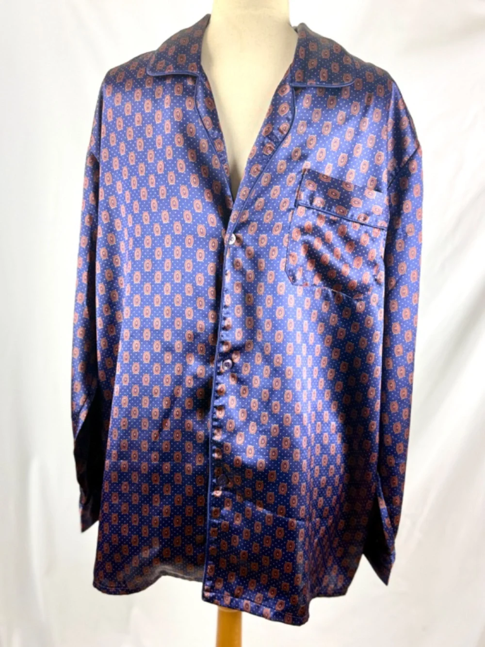 1990s Vintage 1 London Mens Pajama Set XL Navy Blue Satin PJs Long Sleeves Legs